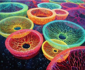 the image features a vibrant collection of colorful, circular objects, seemingly floating in a dark space