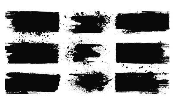 Black ink paint splatter and brushstroke collection with grunge textures. Rough artistic brush effects featuring dirt stains, drops, smears, calligraphy lines, and creative paint splashes.