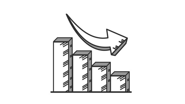 Data trend with a down arrow in a cartoon animation. Downward financial loss graph. Performance decrease and market downturn symbol. Business decline bar chart icon. Alpha channel.