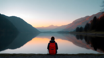 Backpacker resting by calm lake surrounded by mountains. Peaceful and meditative travel moment at sunrise or sunset.