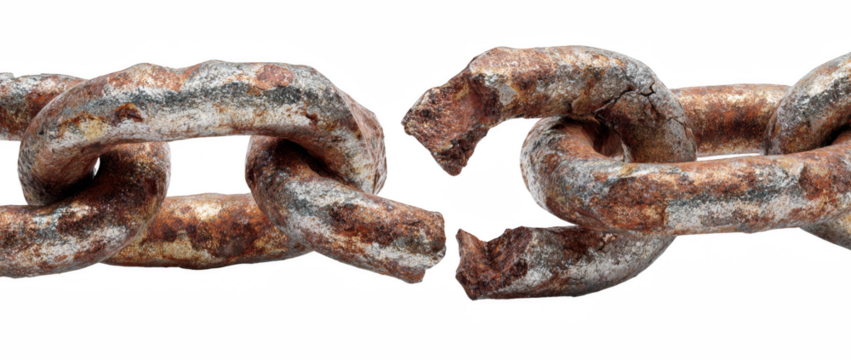 Severed rusty metal chain links symbolizing broken connection or release, concept of freedom