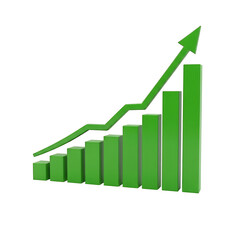 3D Bar Graph with Rising Arrow Icon – Growth Chart Symbol on White Background for Business and Data Visualization