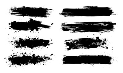 Vector black ink brush strokes with grunge splatter, dirty stains, paint splashes, and blot drops. Artistic textured backgrounds, calligraphy blobs, graffiti effects, abstract shapes