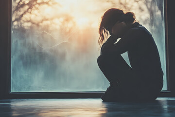 Sad woman sitting by the window in silhouette. Conceptual image for depression, loneliness, or mental health topics.