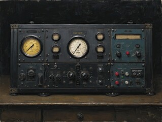A meticulously detailed painting of a vintage, dark-grey metal control panel with numerous gauges, dials, switches, and meters, resting on a dark wooden surface, set against a somber background