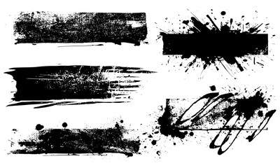 Dirty style ink brush strokes with paint splashes, splatters, and blots in a rectangular layout for callouts and text decoration. Vector grunge banners with rough, spray, smear, and stencil line