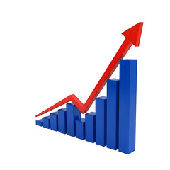 3D Bar Graph with Rising Arrow Icon – Growth Chart Symbol on White Background for Business and Data Visualization