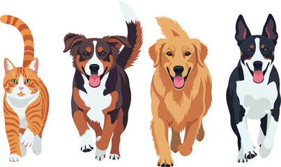 Cartoon pets featuring a cat and dogs running forward with happy expressions.