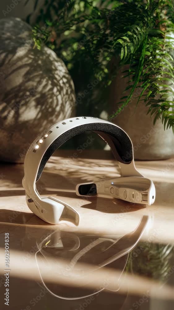 Poster closeup view of a modern eeg headset resting against a serene meditation backdrop reflecting a harmo