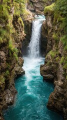 Obraz premium A rushing waterfall cascading through a rocky gorge.