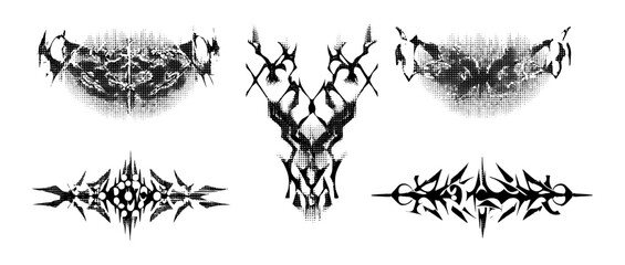 Obraz premium 3D neo-tribal digital art collection with halftone gothic tattoo graphics, cyber sigilism, and ornamental modern designs. Futuristic cyber tribal vector for fashion, metal, music