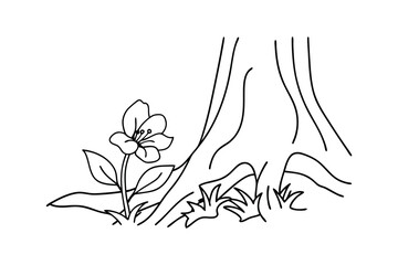 Simple Line Drawing Blossom Near Tree Trunk, Nature Sketch