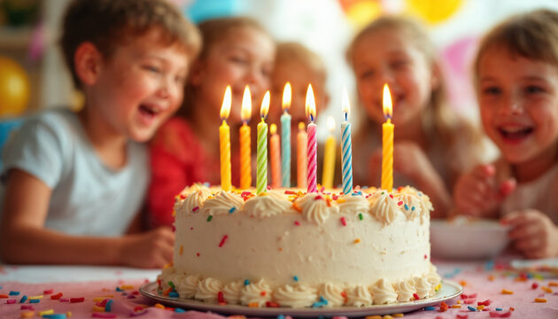 Lit birthday cake in focus with joyful children blurred in festive background.