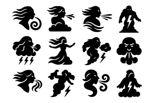 Silhouette icons of mythical wind and storm deities depicting elements and forces of nature