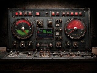 Obraz premium Weathered control panel with numerous gauges, dials, and switches, showing signs of age and wear, set against a dark background on a wooden surface. The panel suggests industrial or technological use
