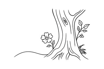 Detailed Tree Trunk Sketch With Blossoms, Botanical Line Art For Design Projects © Chaya