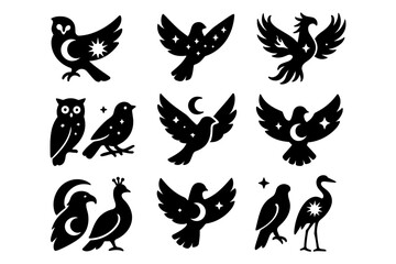 Obraz premium Silhouette birds with celestial elements and mystic stars