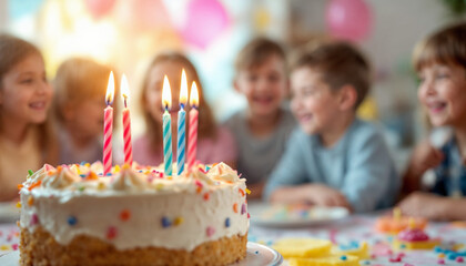 Lit birthday cake in focus with joyful children blurred in festive background.
