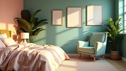 Sunlight streams into a bedroom with a teal accent wall.