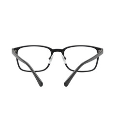 Single modern black rectangular-framed eyeglasses, seen from behind with open arms, showcasing internal structure, polished metal hinges, clear lenses, isolated on transparent with bright