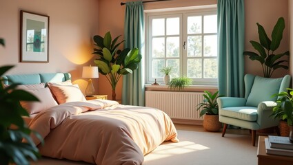 A sunlit bedroom with pastel tones and greenery.