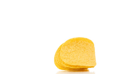 Crispy potato chips isolated on white background, close-up.