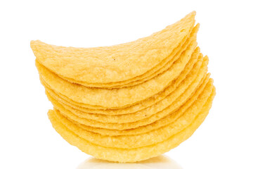 Crispy potato chips isolated on white background, close-up.