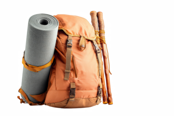 Adventure awaits with this durable backpack, trekking poles, and rolled mat perfect for any outdoor journey.