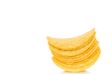 Crispy potato chips isolated on white background, close-up.