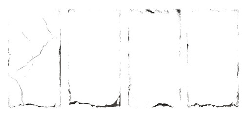 Torn and grainy paper overlay texture with worn, distressed edges and fading dust effects. Vintage style paper stamps with antiquity marks. Vector background, grunge border, retro frame