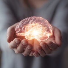 Glowing Brain Cradled by Hands &ndash; Concept of Mental Health, Mindfulness, Therapy, and Compassion &ndash; for Medical and Wellness Themes