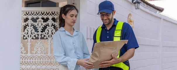 Delivery express courier young man use giving boxes or Food to woman customer  at front home