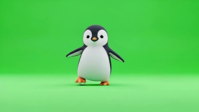 Animated penguin character walking across a green screen background for compositing use
