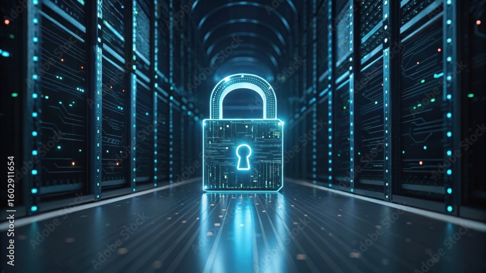 Poster a digital lock surrounded by server racks symbolizes cybersecurity and data protection in a futurist