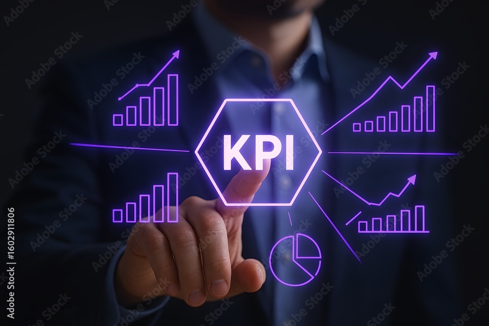 Poster man's hand touching the key performance indicator graphic, representing business development