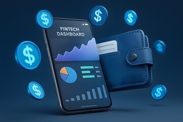 Fintech concept with a mobile phone wallet and dollar signs, symbolizes digital transactions and financial technology
