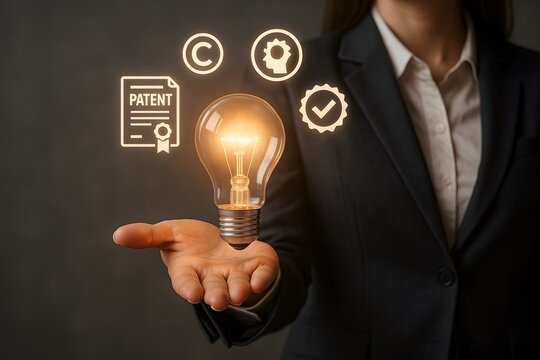 A businesswoman holds an illuminating idea that represents innovation and Intellectual property