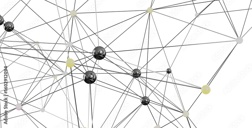 Poster abstract image of interconnected nodes, representing networks, connections, and data flow. ideal for