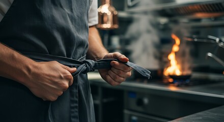 Close-up of a chef tying the apron strings in a busy kitchen.