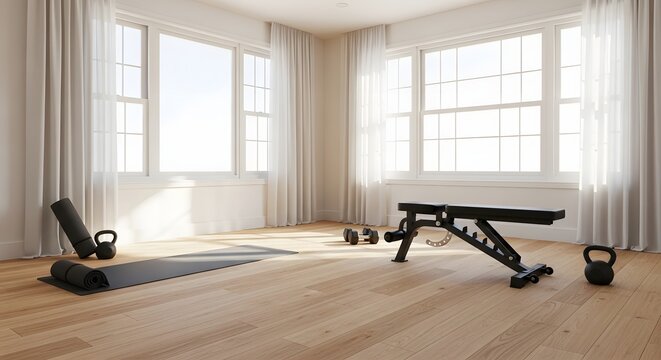 Modern home gym setup with natural light, perfect for fitness blog or wellness promotion, empowering healthy lifestyle