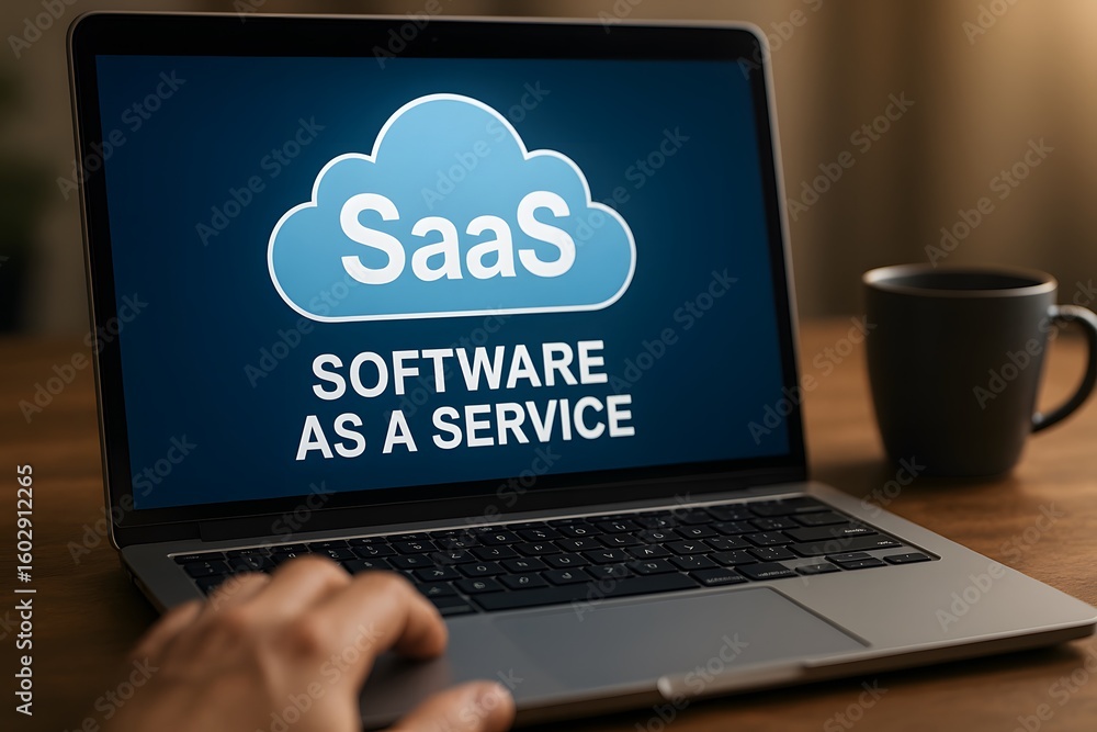 Poster a modern laptop displays saas software as a service text on its screen with a cloud graphic. a perso