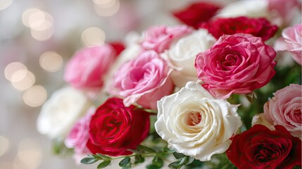 Obraz premium A close-up shot of a lush bouquet of roses in varying shades of pink, red, and white, softly blurred background bokeh