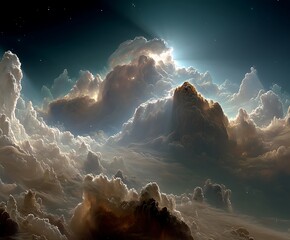 the image showcases an expansive cloudscape under a deep blue sky dotted with distant stars