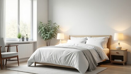 Fototapeta premium A bedroom interior scene with a bed, chair, and window.