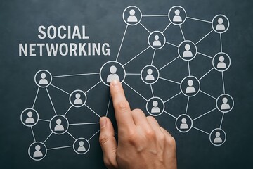 A graphic illustration of Social Networking, with a hand pointing to a human silhouette network