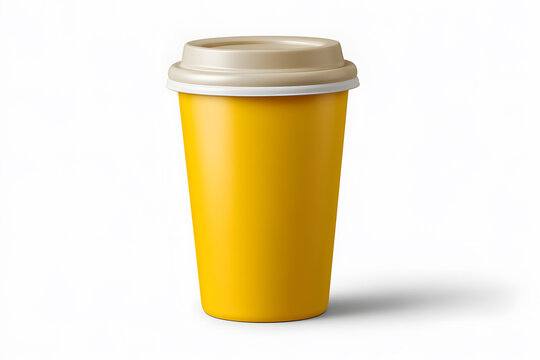 Yellow paper coffee cup with black lid, isolated on white. Perfect for modern café branding, fast coffee chains, or takeaway product designs.
