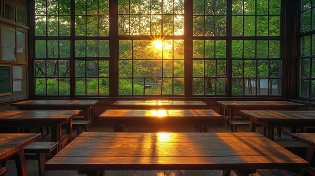 Warm sunlight streams through large windows in a tranquil classroom at sunset, illuminating wooden tables and nature outside