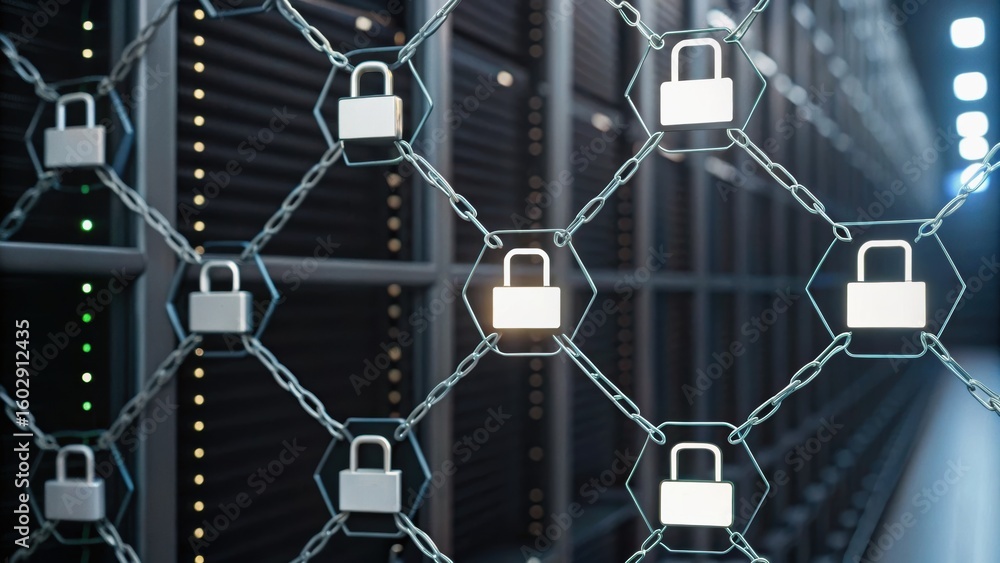 Poster a close-up view of interconnected padlocks and chains, symbolizing security and protection, with a b