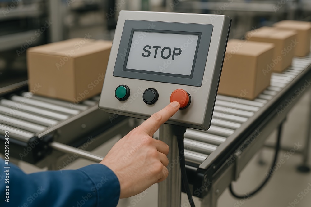 Poster a hand presses a stop button on a machine with boxes on the conveyor belt