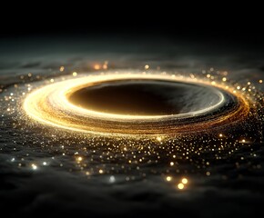 the image showcases a dark, cosmic scene featuring a glowing, circular structure as the focal point